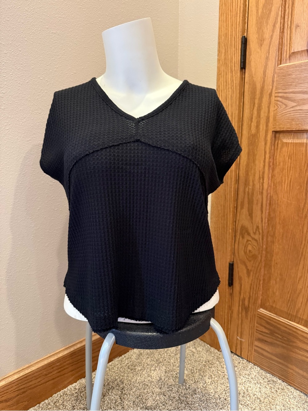 Altar'd State Black Waffle Knit V-Neck Short Sleeve Top